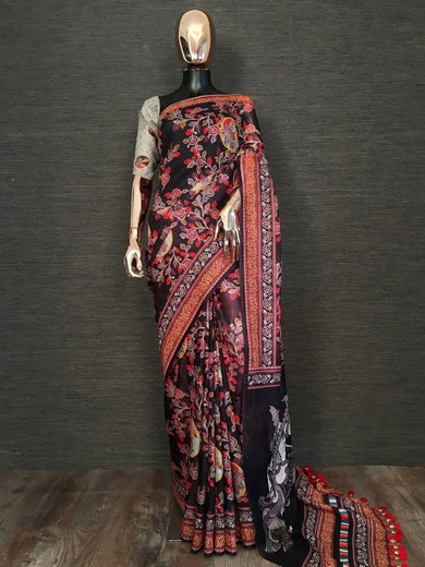 Classy Black Linen Floral Printed Casual Wear Saree With Blouse